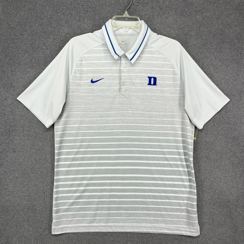 Nike Duke Blue Devils Polo Mens Large Blue Gray Striped Dri-FIT Golf Shirt